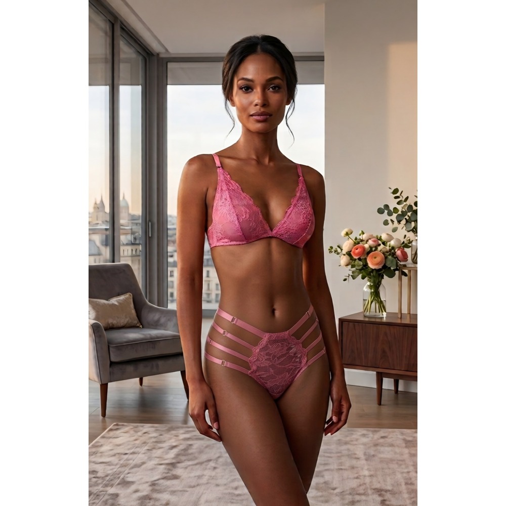 Cosabella NSN Curvy Strappy Bralette & G-String Set Pink Floral Lace M S/M